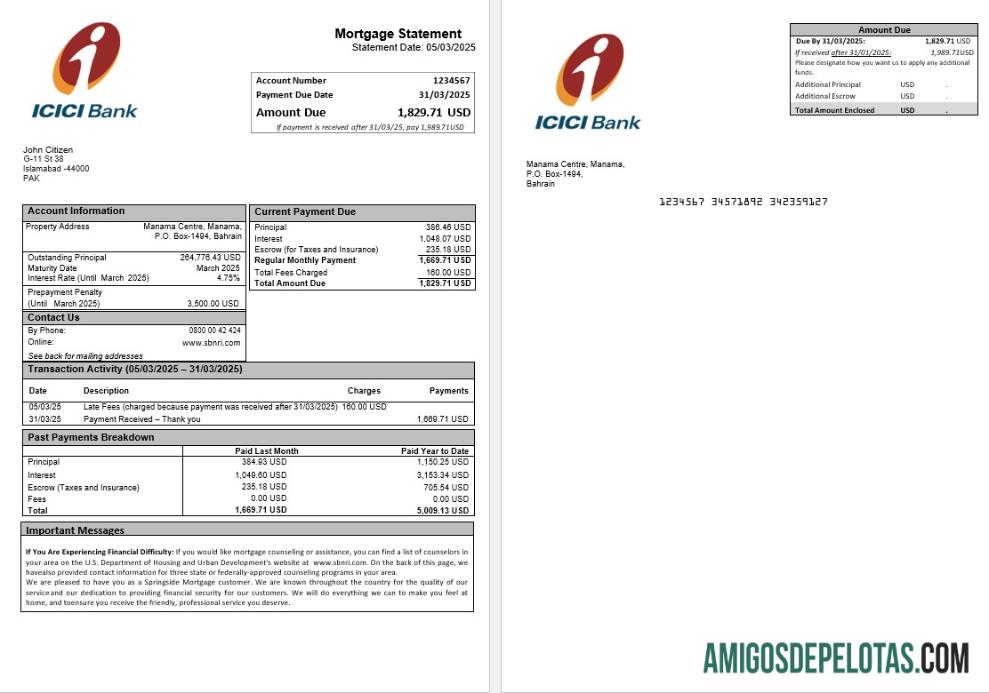 Declaração de hipoteca ICICI do Paquistão em formatos Word e PDF sem Wm modelo